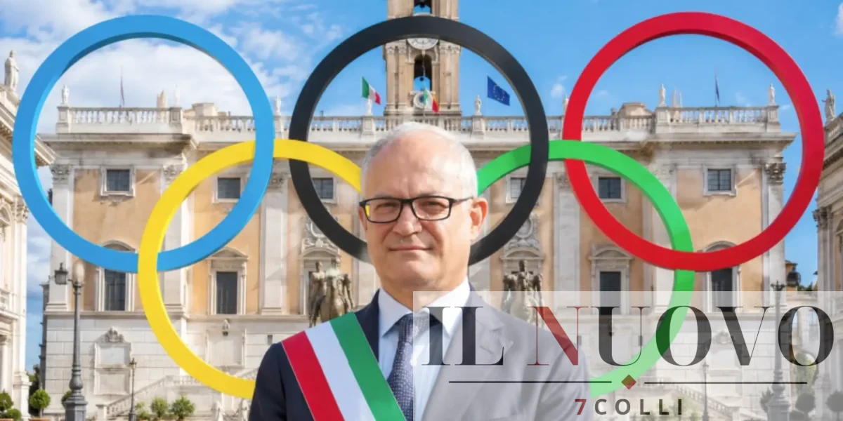 Gualtieri, in primo piano, i cerchi olimpici e il Campidoglio