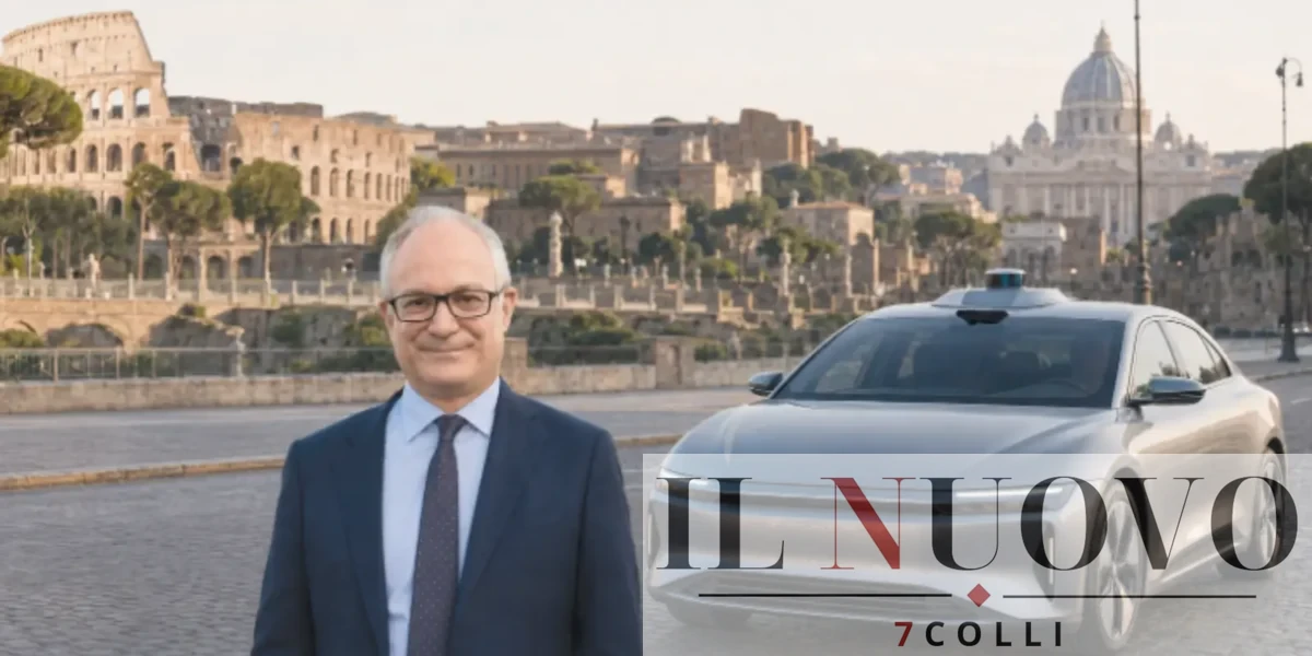 Sullo sfondo, Roma, in primo piano un auto a guida autonoma e il sindaco Gualtieri