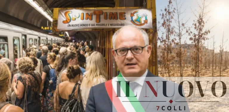 Roma, in primo piano il sindaco Gualtieri, sullo sfondo persone in fila sulla metro, alberi secchi e lo Spin Time