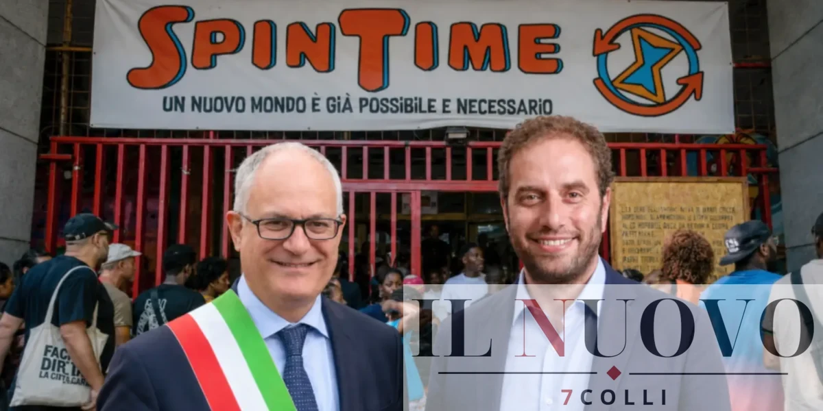 Sullo sfondo, l'ingresso dello Spin Time, in primo piano il sindaco Gualtieri e l'assessore Patanè
