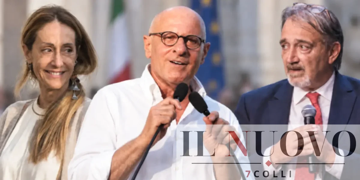 A sinistra, Arianna Meloni, al centro Rampelli, a destra Rocca